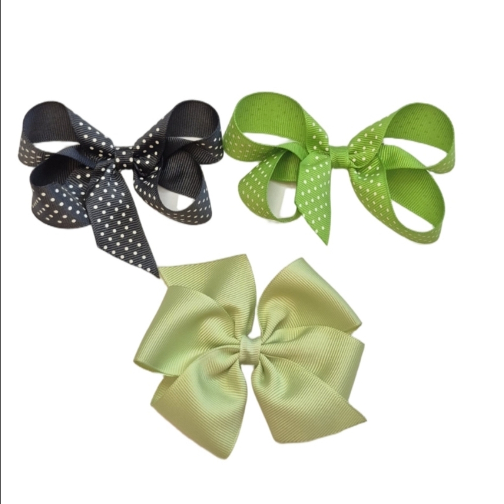 Set Of 3 Small Hair Bows Handmade Green Dots Black Dots Sage